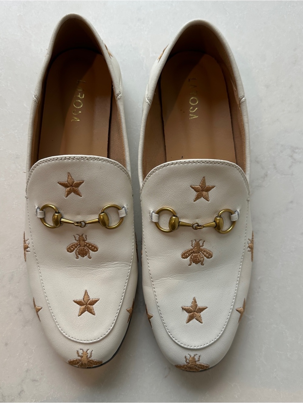 & Other Stories White Leather Embroidered Star & Bee Loafers with Gold Bit